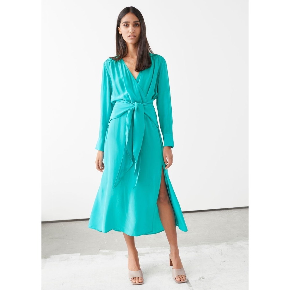 & Other Stories Scarf Tie Flowy Midi Dress in Teal Size 4 Feminine Wedding Guest